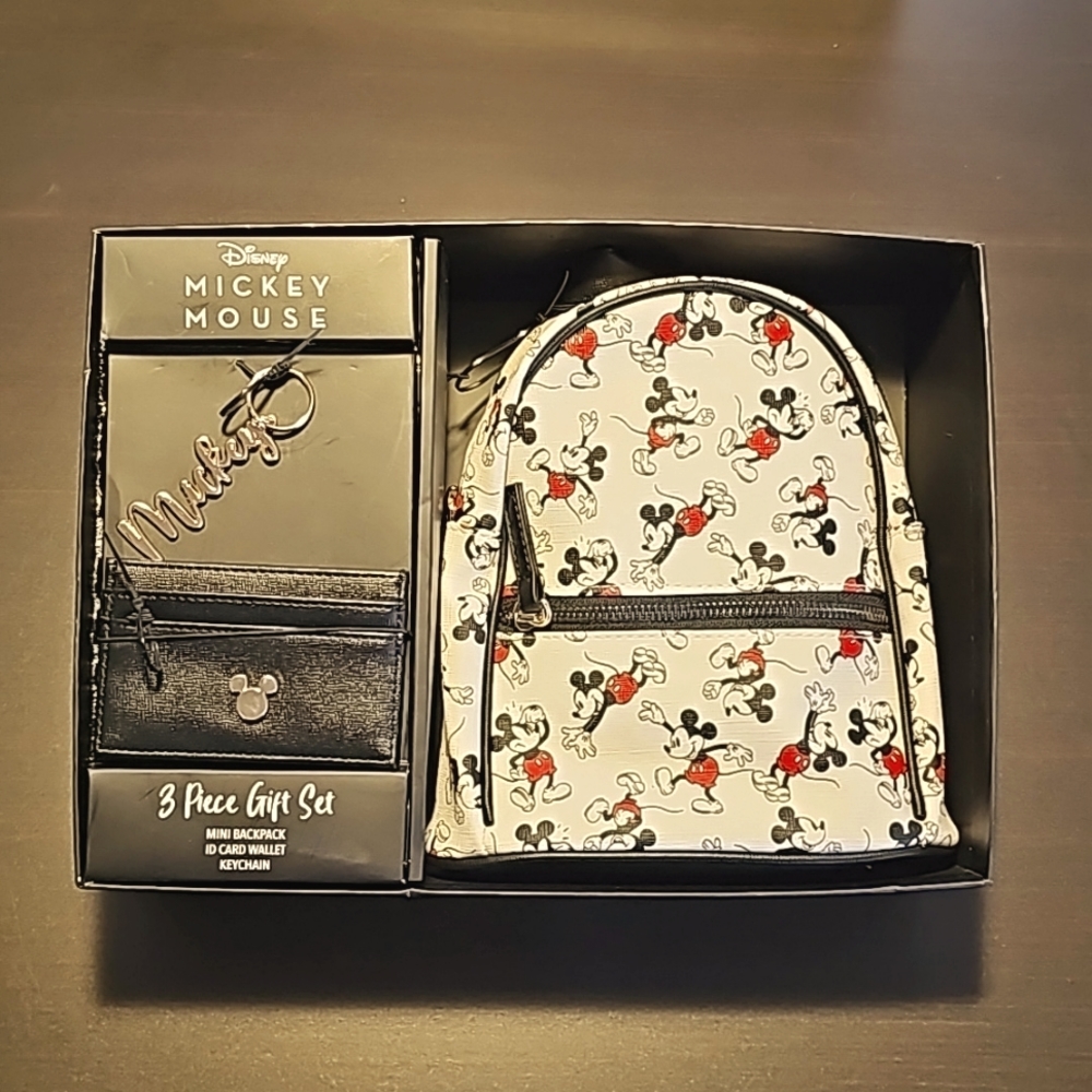 Disney Mickey Mouse 3 Piece Set with Mini Backpack, ID Card Wallet & Keychain